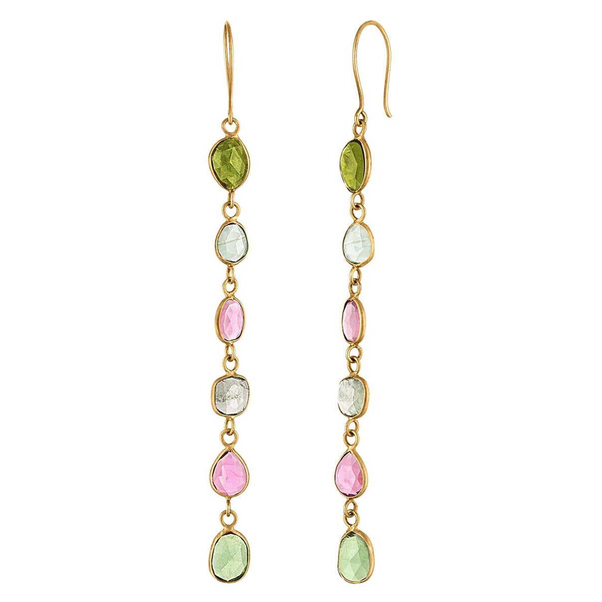 18K Yellow Gold Vermeil and Watermelon Tourmaline Shoulder Duster Earrings For Sale
