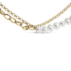 18K Yellow Gold Vermeil Pearl Strand Necklace with Rolo and Paperclip Chain