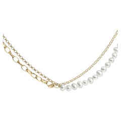 18K Yellow Gold Vermeil Pearl Strand Necklace with Rolo and Paperclip Chain