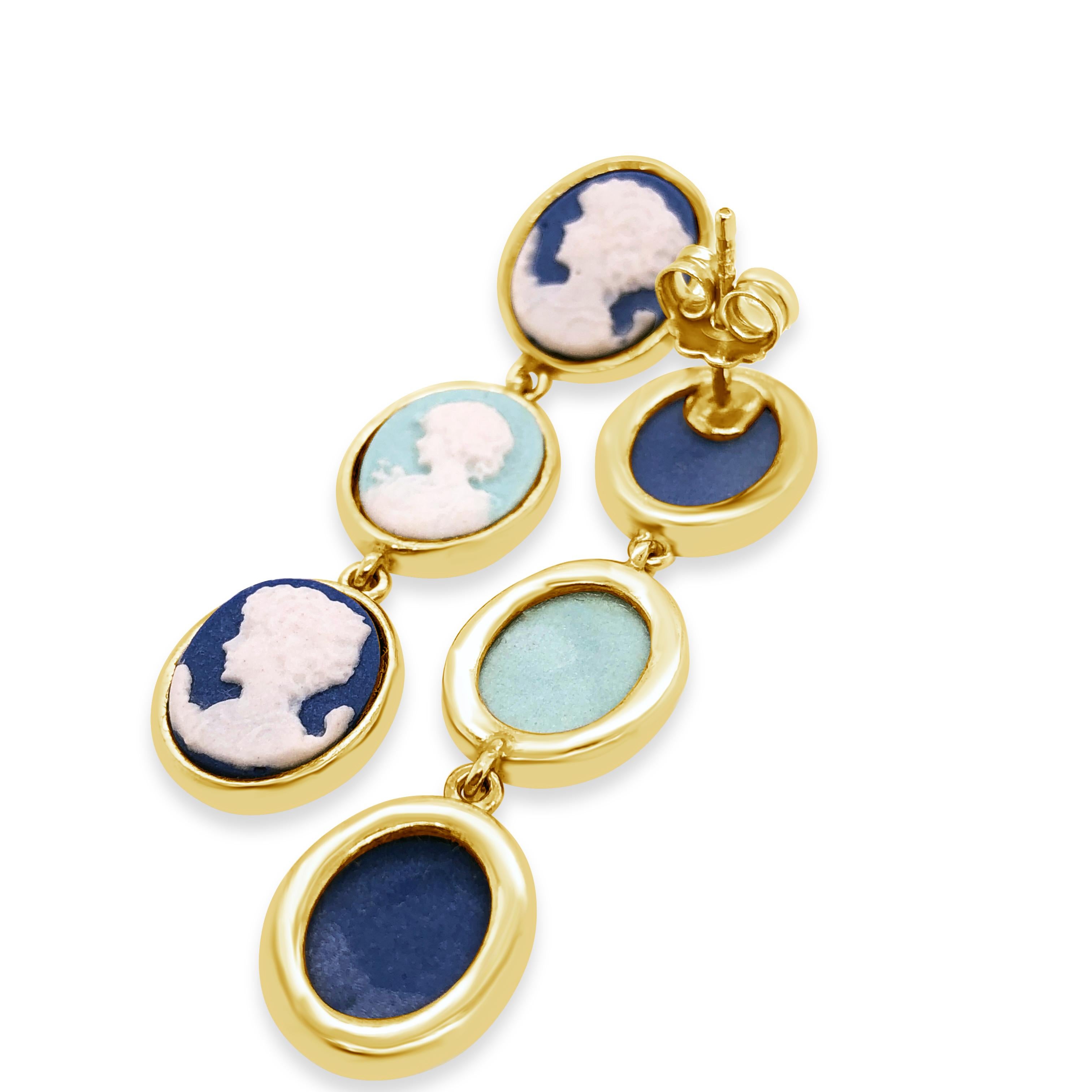 Beautifully hand crafted Jasperware Porcelain Cameo earrings mounted in 18k Yellow Gold Vermeil. With a modern look these drop earrings are simultaneously understated and visible with its simple elegant style. Depicting the most classic cameo
