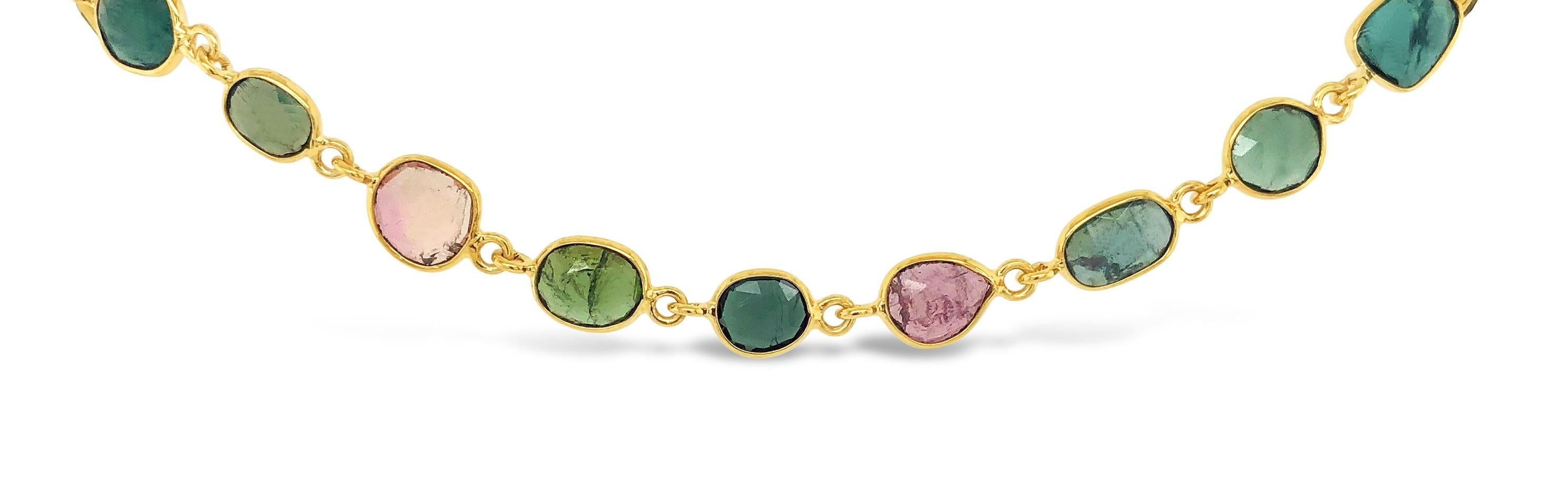 Contemporary 18K Yellow Gold Vermeil Watermelon Tourmaline Rose Cut Necklace For Sale