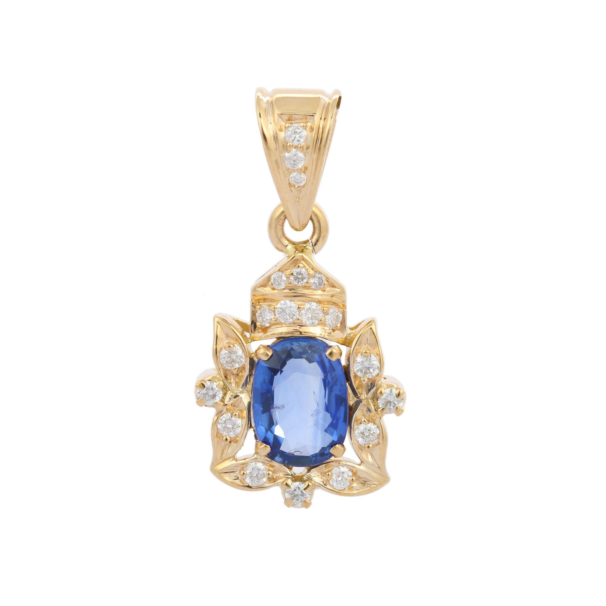 Natural Blue Sapphire pendant in 18K Gold. It has oval cut sapphires with studded diamond that completes your look with a decent touch. Pendants are used to wear or gifted to represent love and promises. It's an attractive jewelry piece that goes