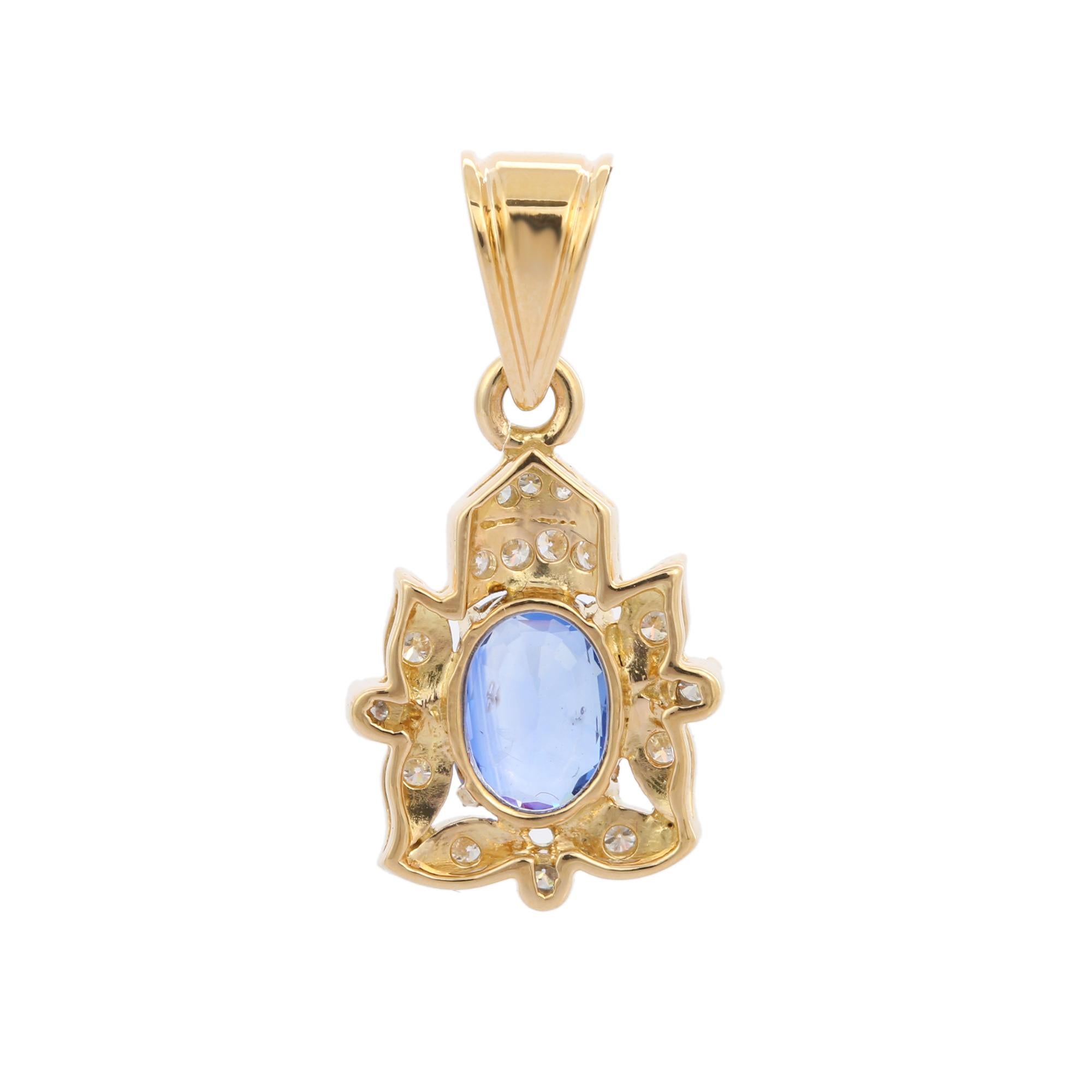Art Deco Contemporary 18K Yellow Gold Pendant with Blue Sapphire and Diamond For Sale