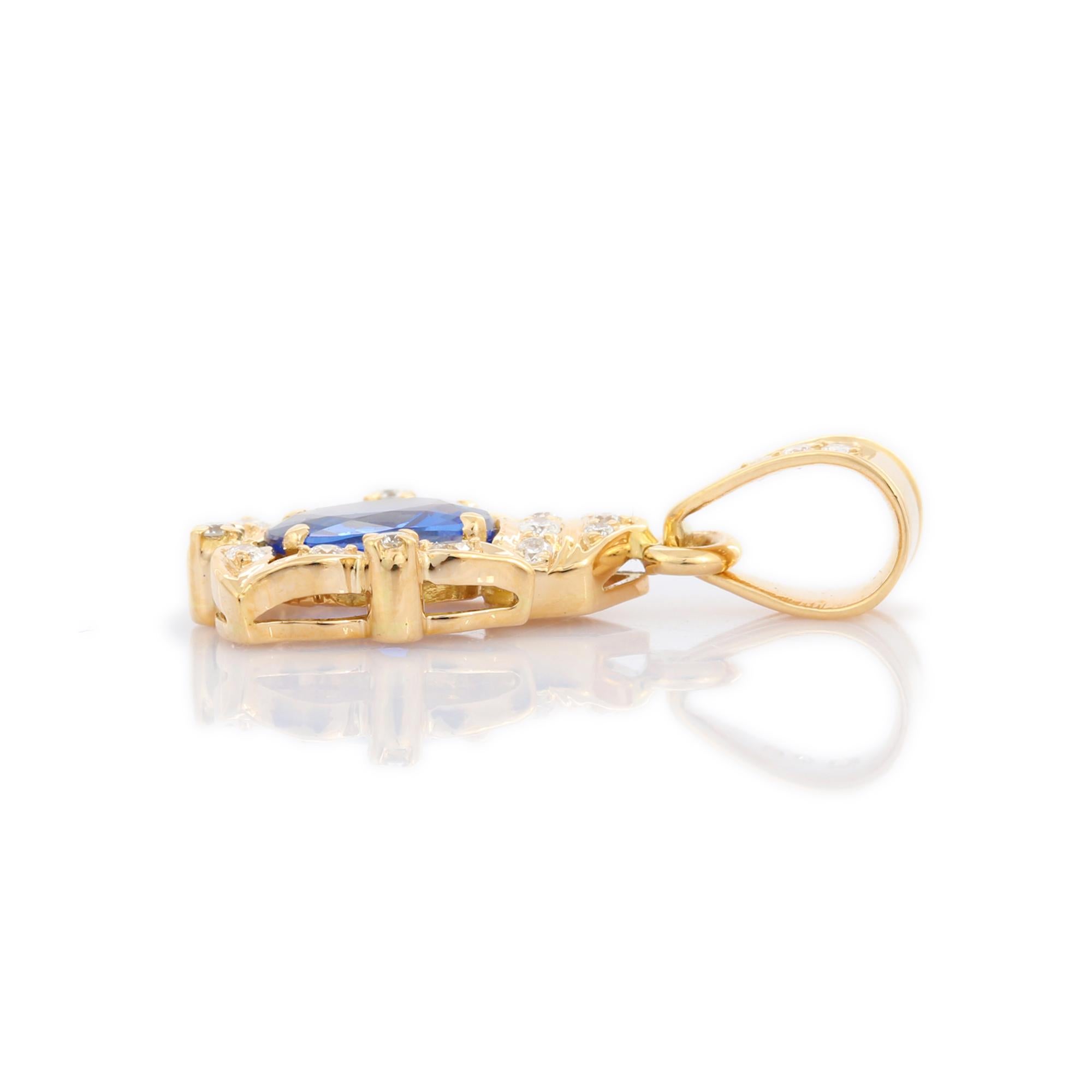 Oval Cut Contemporary 18K Yellow Gold Pendant with Blue Sapphire and Diamond For Sale