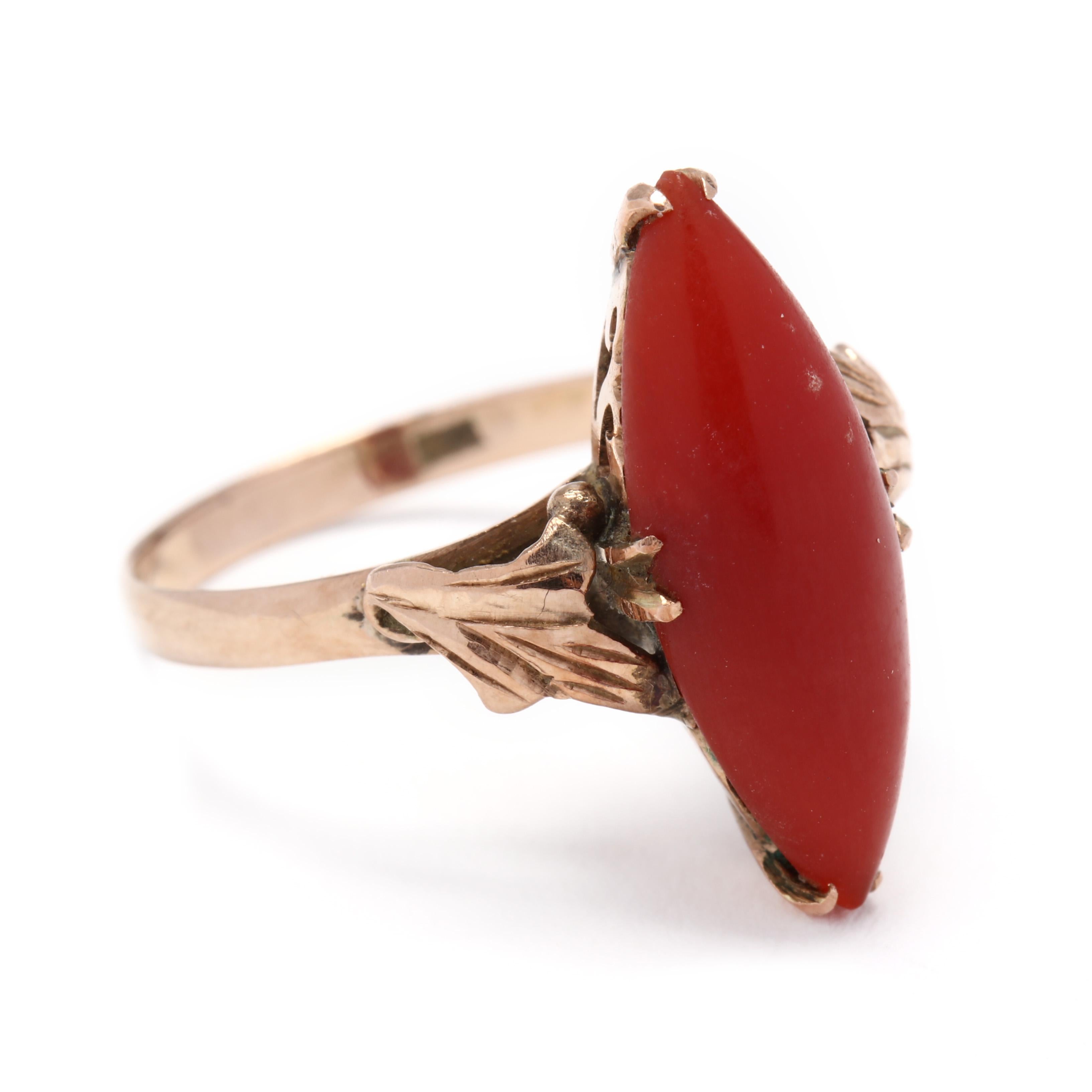 18k yellow gold Victorian coral navette ring. 