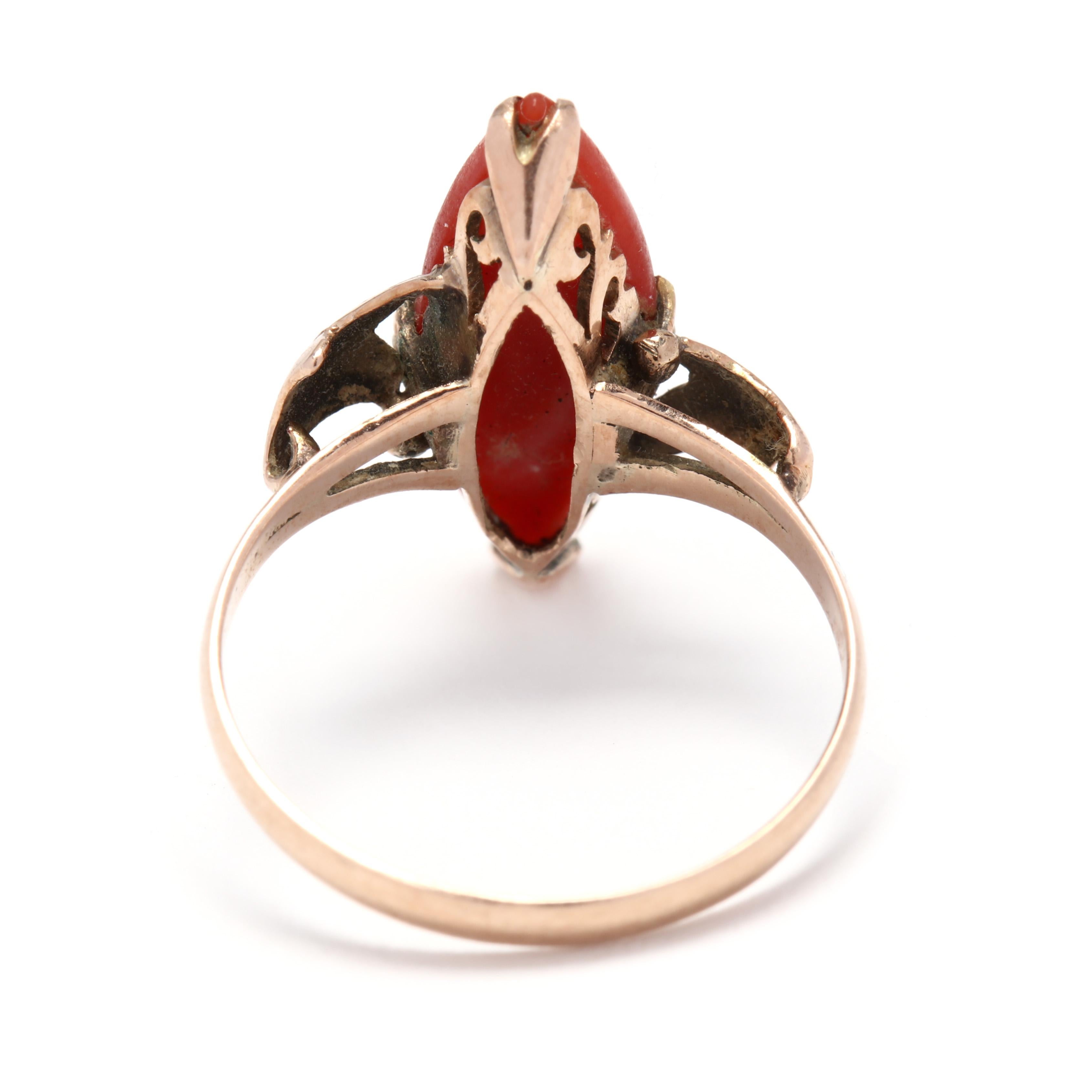 Marquise Cut 18 Karat Yellow Gold Victorian Coral Navette Ring