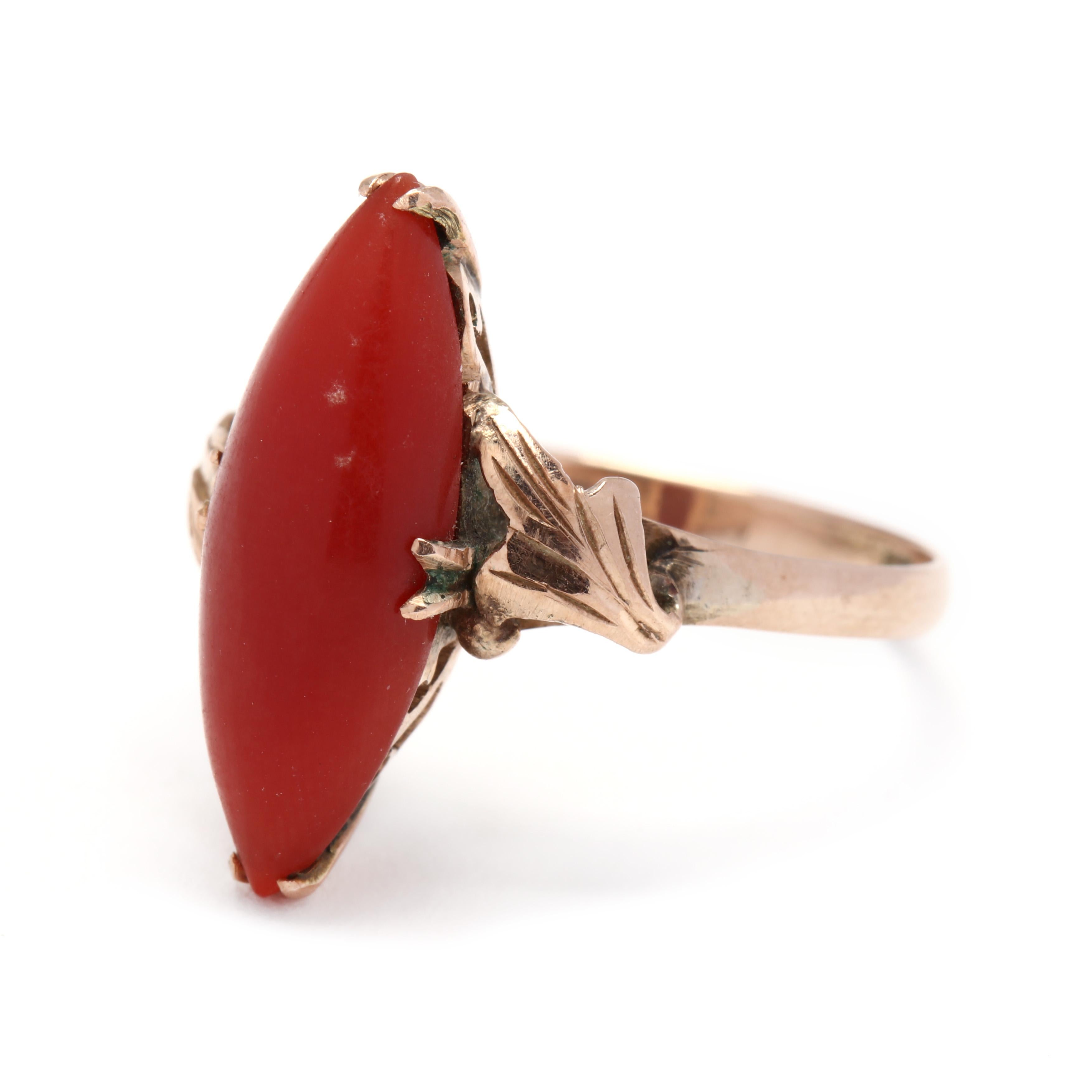 18 Karat Yellow Gold Victorian Coral Navette Ring In Good Condition In McLeansville, NC