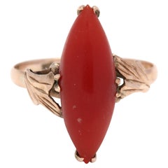 18 Karat Yellow Gold Victorian Coral Navette Ring