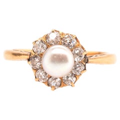 18K Yellow Gold Victorian Pearl Diamond Floral Engagement Ring