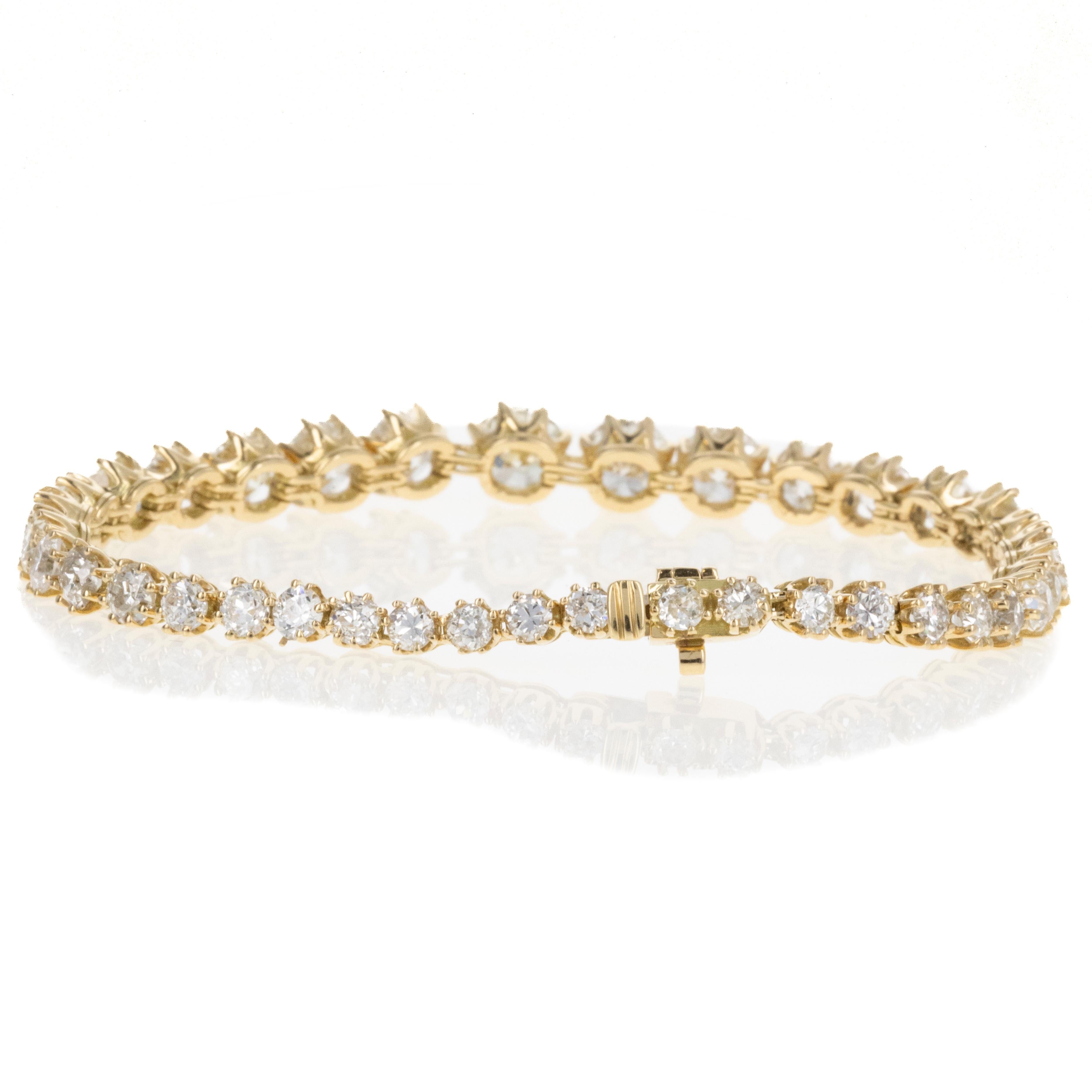 Taille vieille Europe Bracelet tennis de style victorien en or jaune 18 carats avec diamants européens anciens de 14 carats en vente