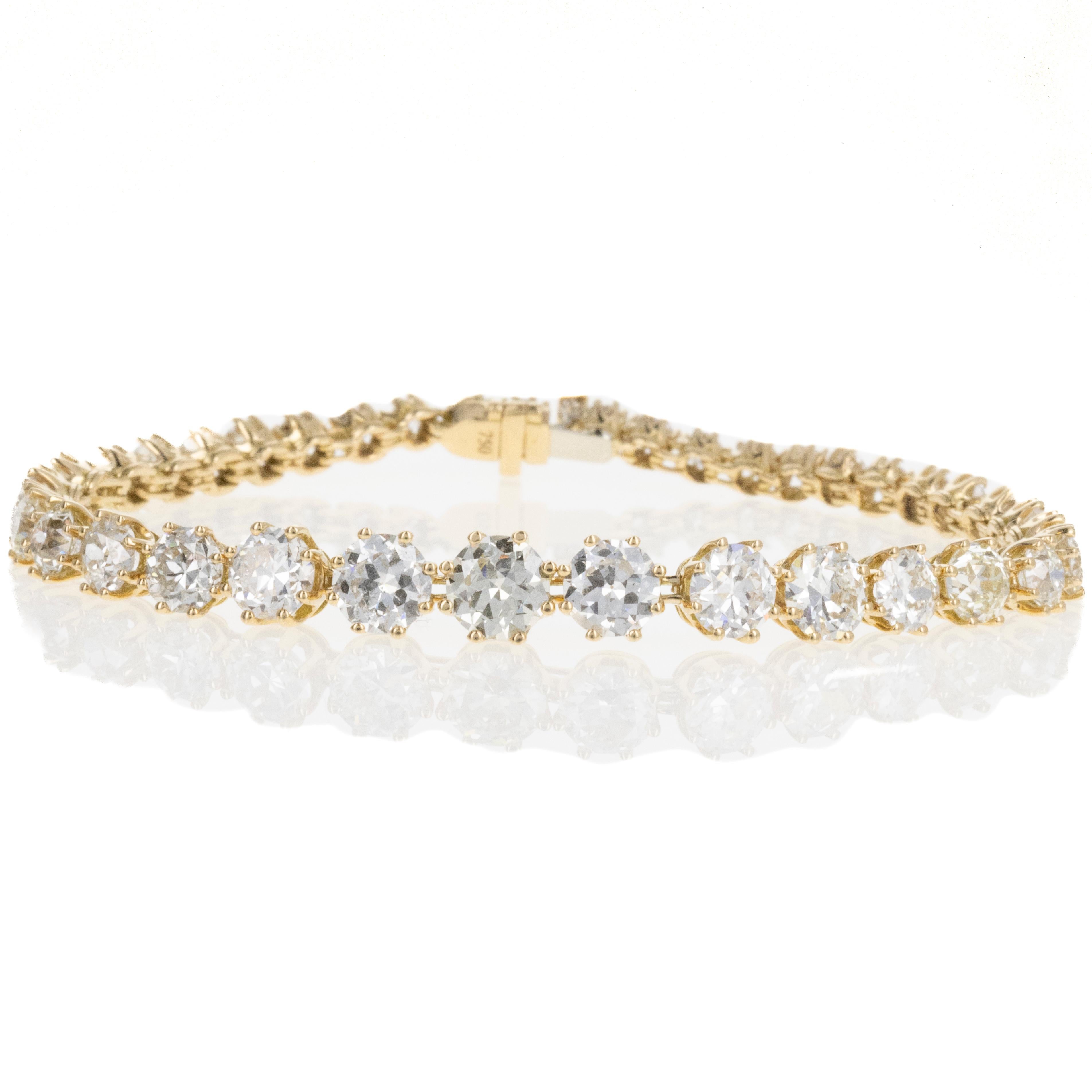 Bracelet tennis de style victorien en or jaune 18 carats avec diamants européens anciens de 14 carats Pour femmes en vente