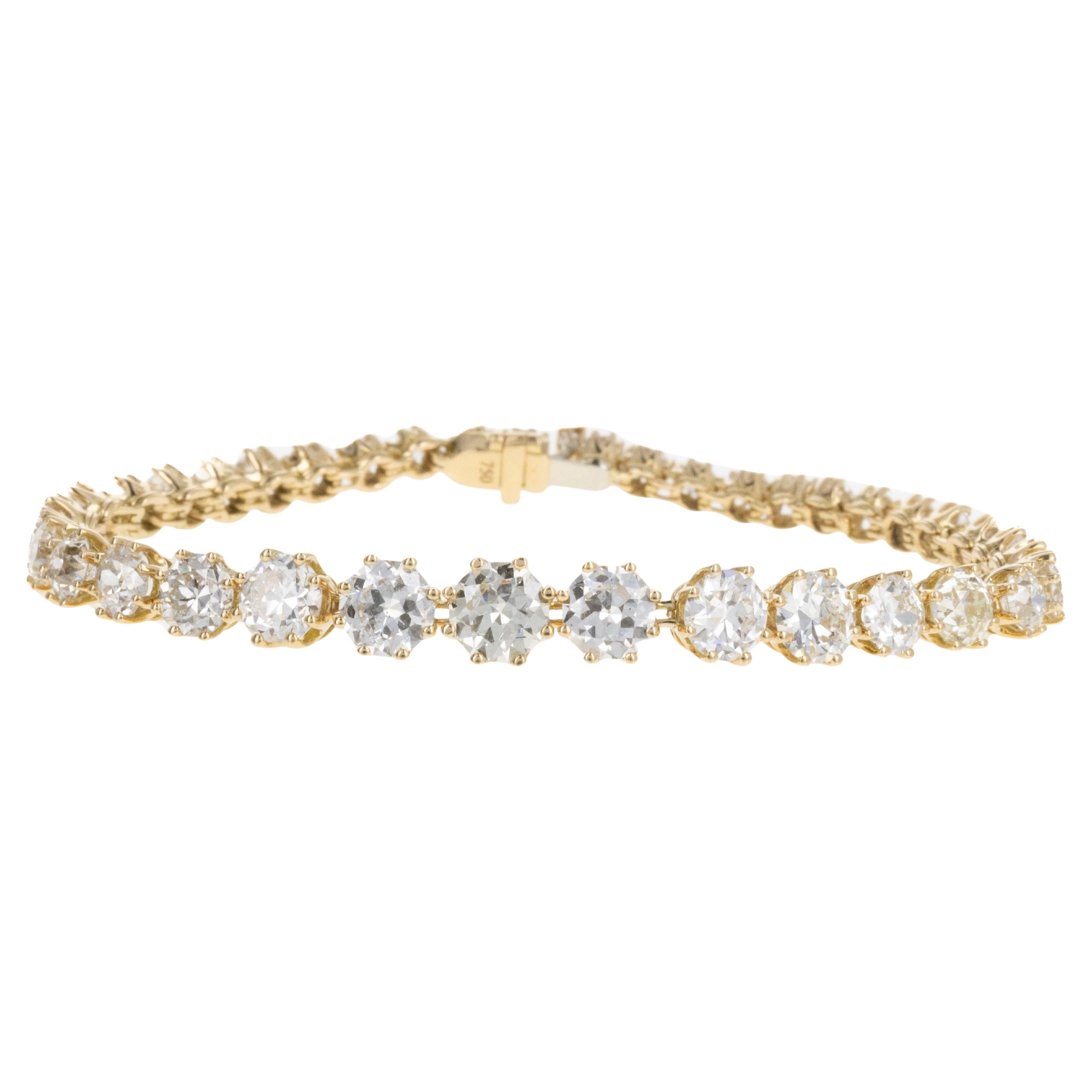 Bracelet tennis de style victorien en or jaune 18 carats avec diamants européens anciens de 14 carats en vente