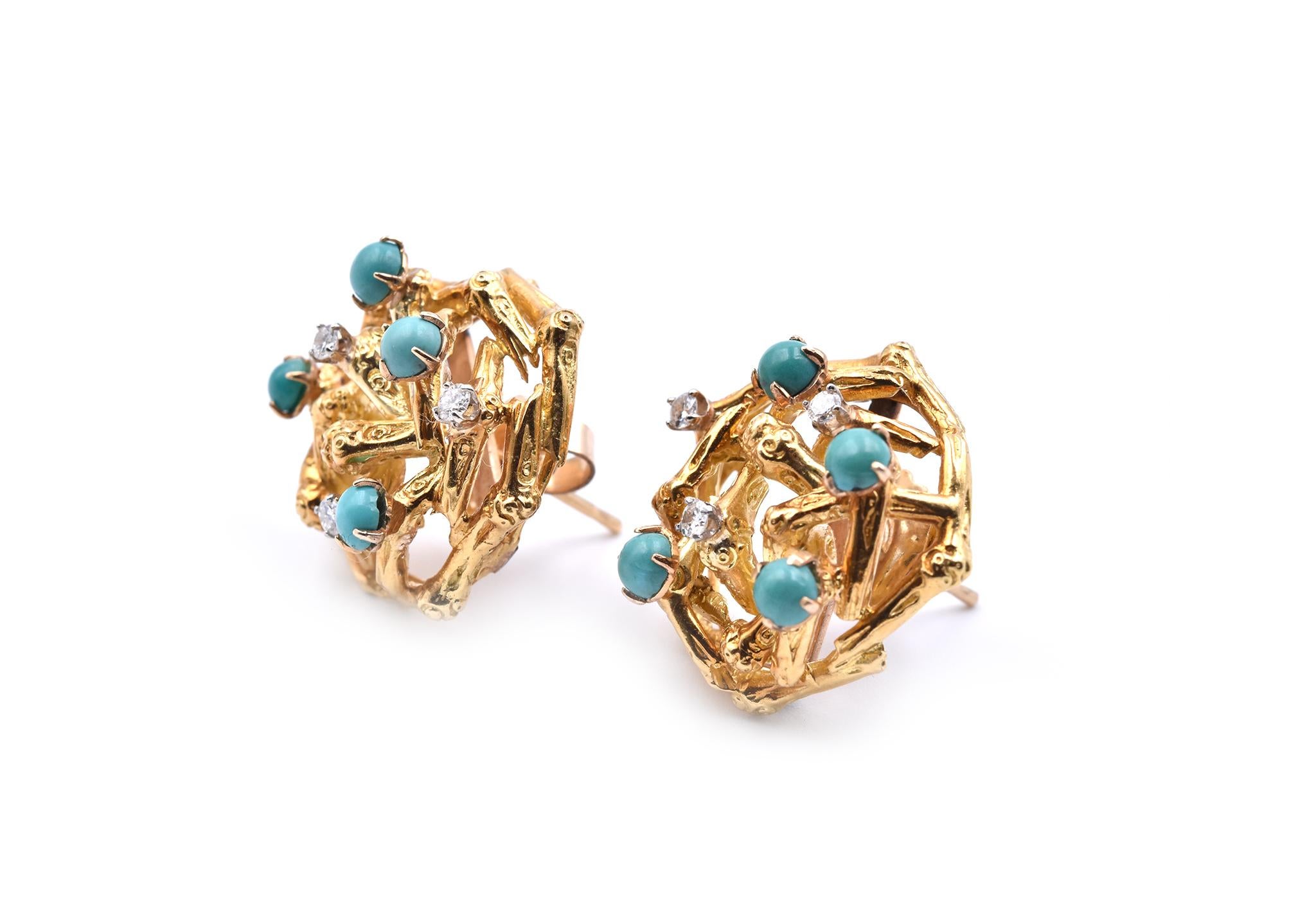 Round Cut 18 Karat Yellow Gold Vintage 1960s Diamond and Turquoise Earrings