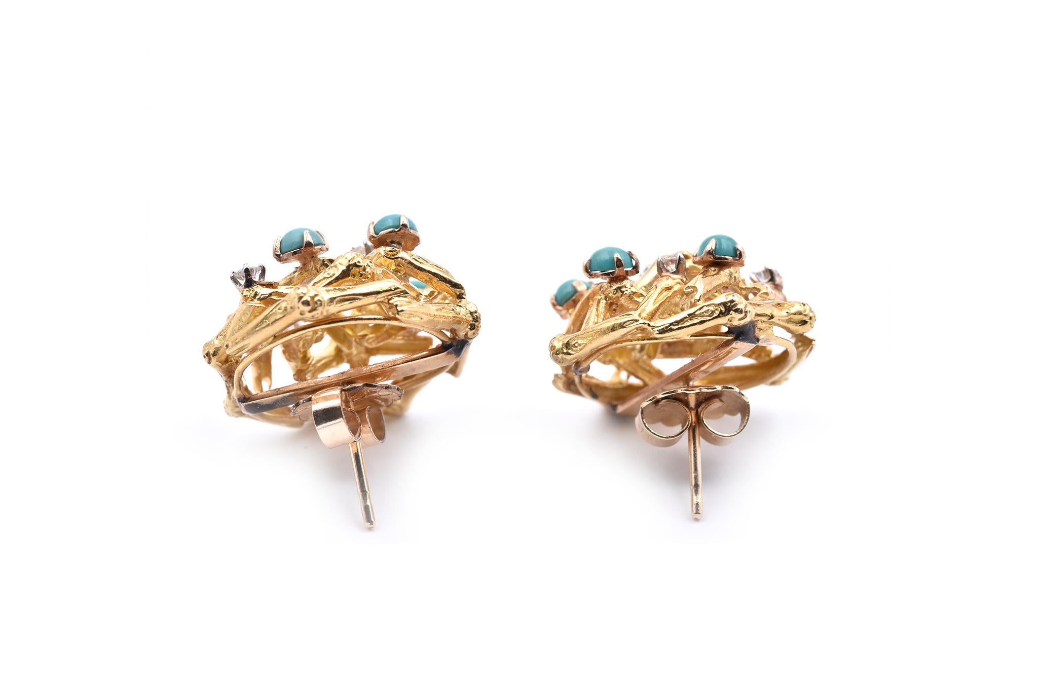 18 Karat Yellow Gold Vintage 1960s Diamond and Turquoise Earrings In Excellent Condition In Scottsdale, AZ