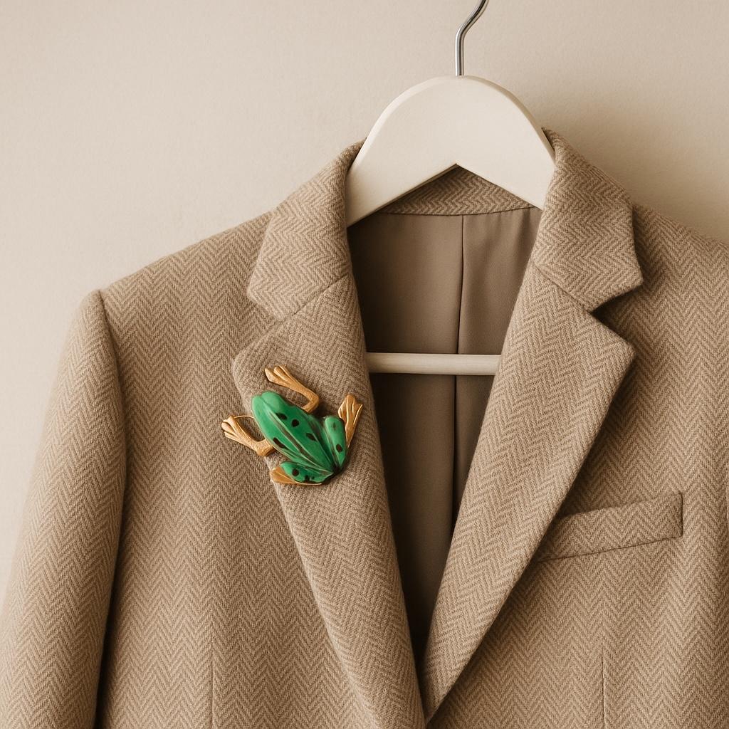 18K Yellow Gold Vintage 3D Frog Brooch with Green Spotted Enamel Details For Sale 3