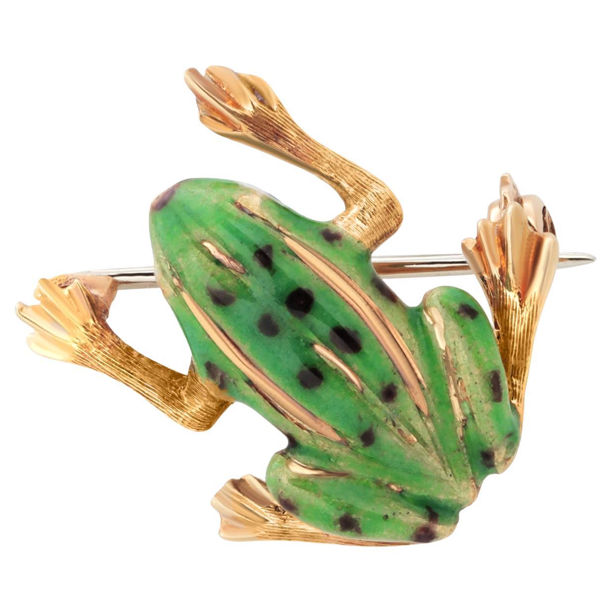 18K Yellow Gold Vintage 3D Frog Brooch with Green Spotted Enamel Details