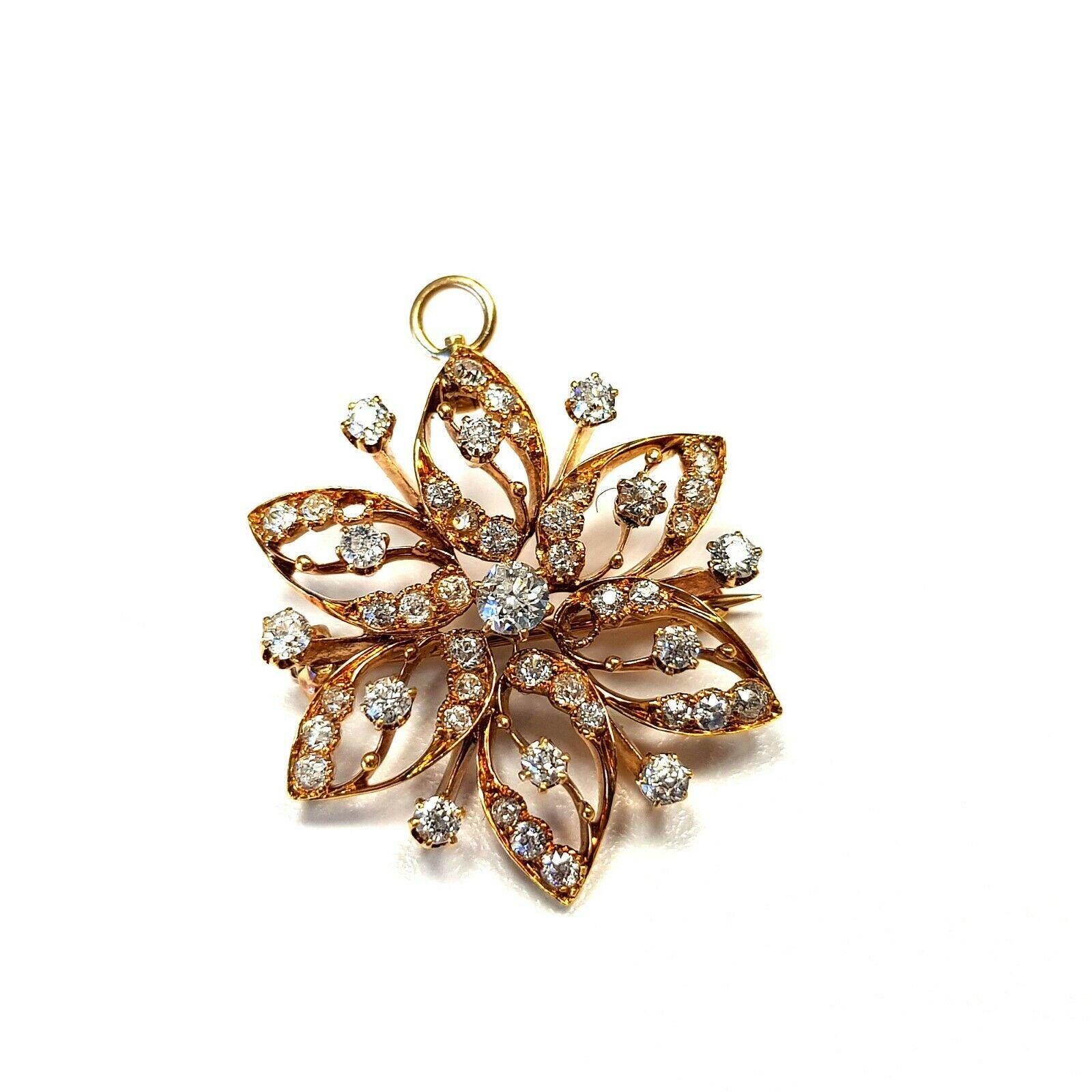  This is a 18k yellow gold vintage brooch with many diamonds. Can be used as pendant (the is hidden ring).  
Specifications:
    main stone: DIAMOND 4MM 0.25CT
    diamonds: 48 PC
    carat total weight:  1.65CT
    color: H
    clarity: VS2-SI1
   