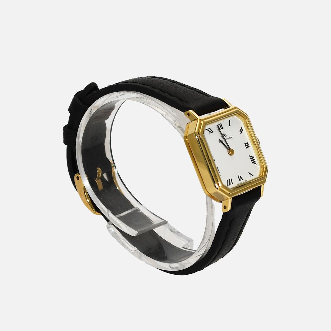 Damen Vintage Bucherer 18k Gelbgold Handgelenk Uhr.
22 mm Gehäusebreite.
Handaufzugswerk mit 17 Juwelen von Bucherer.
Zeit getestet. 
Hält die Zeit gut, wenn sie richtig aufgezogen ist.
Die Innenseite des Gehäuses ist mit 750, 18k gestempelt.
Das