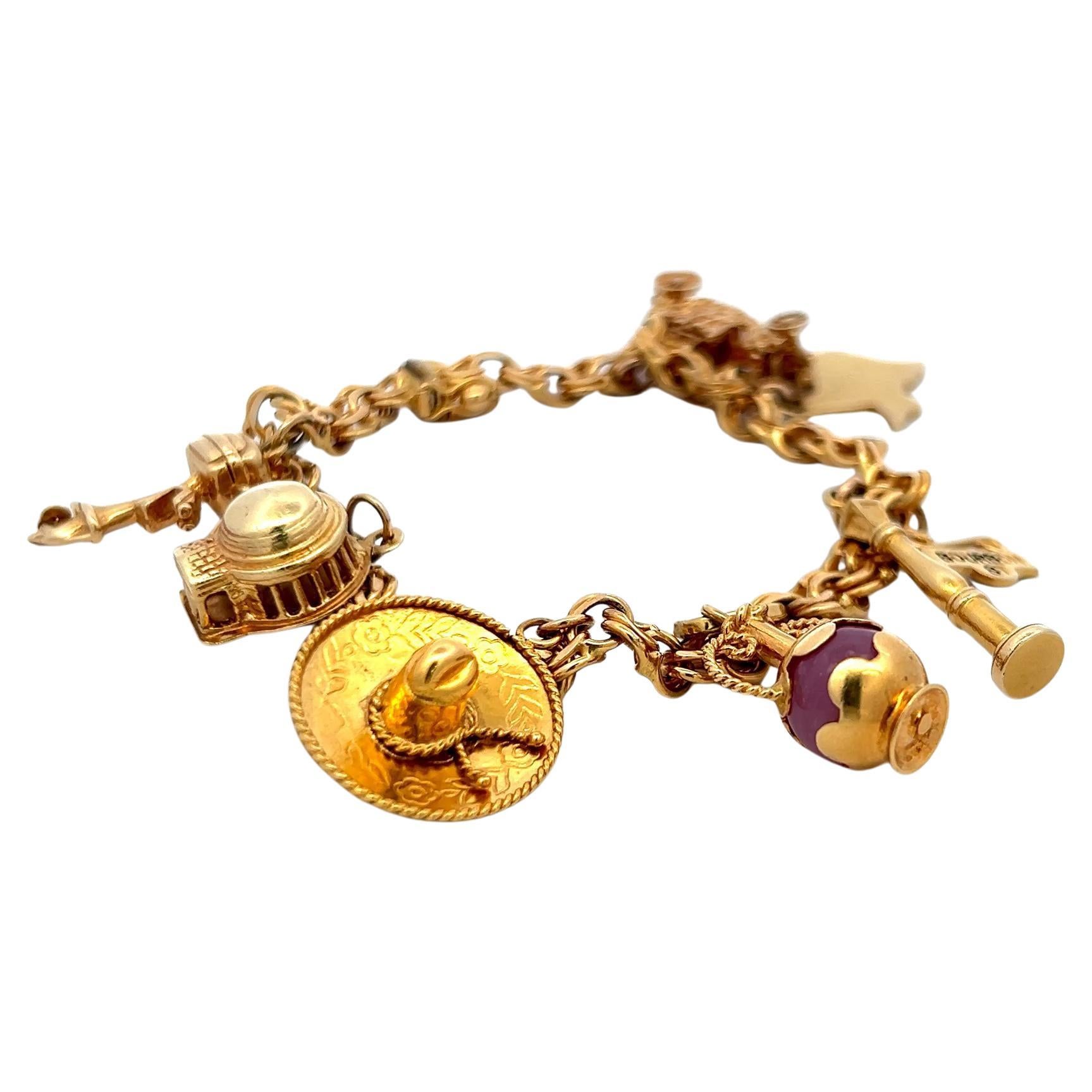 18K Yellow Gold Vintage Charm Bracelet, 35.3g – Estate Gold Bracelet