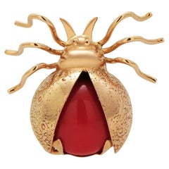 18K Yellow Gold Vintage Coral Ladybug Brooch