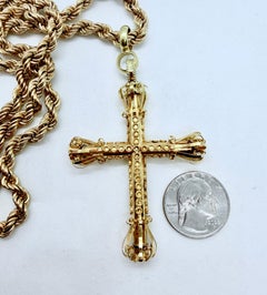 18K yellow Gold Vintage Cross Pendant on 30 inch 6mm, adjustable, rope chain