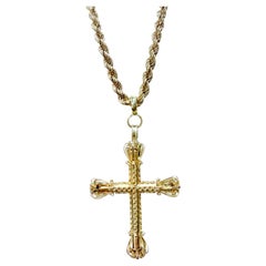 18K yellow Gold Vintage Cross Pendant on 30 inch 6mm, adjustable, rope chain