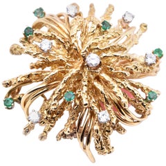 18 Karat Yellow Gold Vintage Diamond and Emerald Textured Flower Pin