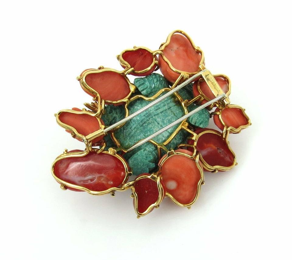 Art Deco 18k Yellow Gold Vintage Diamond Turquoise & Coral Sea Turtle Brooch Pin 0.78cttw