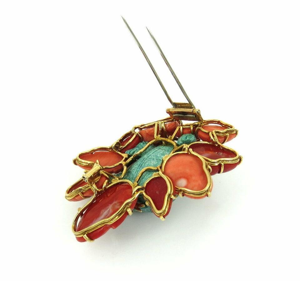Round Cut 18k Yellow Gold Vintage Diamond Turquoise & Coral Sea Turtle Brooch Pin 0.78cttw