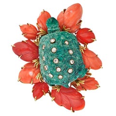 18k Yellow Gold Vintage Diamond Turquoise & Coral Sea Turtle Brooch Pin 0.78cttw