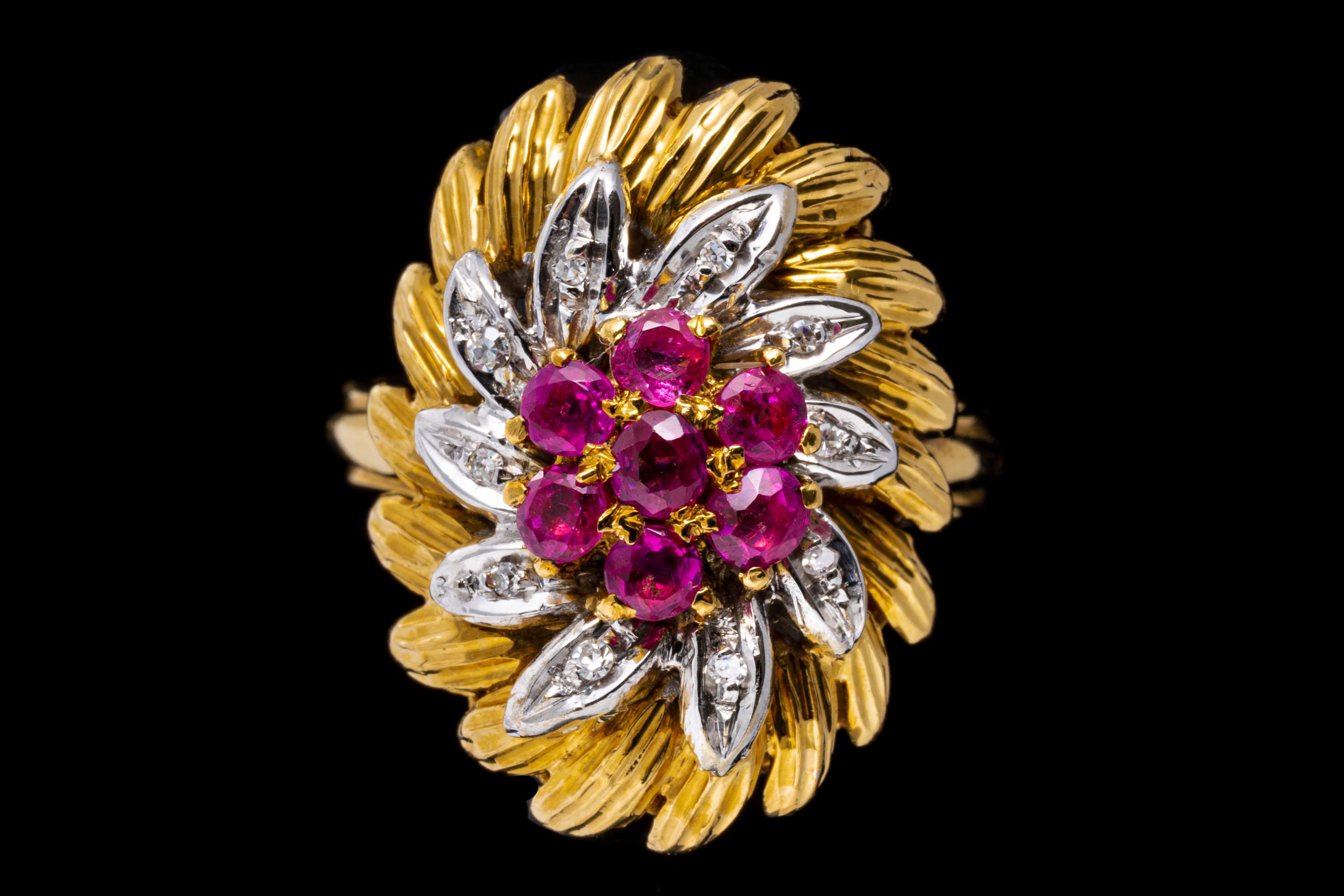 Women's 18k Yellow Gold Vintage Elongated Ruby and Diamond Flower Cluster Ring For Sale