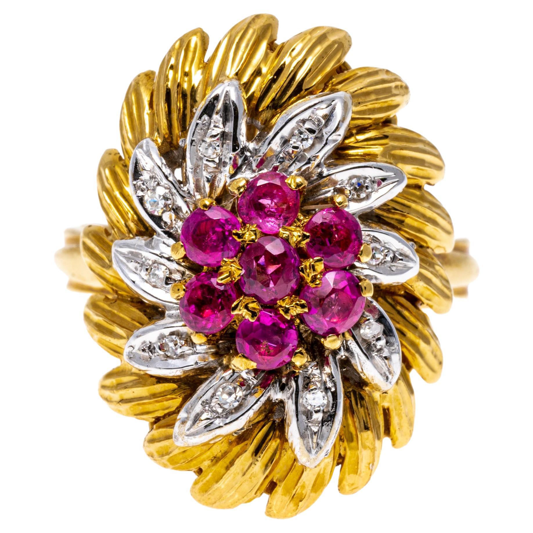 18k Yellow Gold Vintage Elongated Ruby and Diamond Flower Cluster Ring For Sale