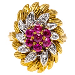18k Yellow Gold Vintage Elongated Ruby and Diamond Flower Cluster Ring