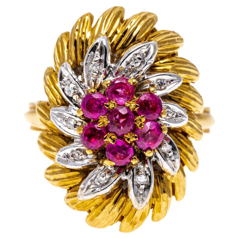 18k Yellow Gold Vintage Elongated Ruby and Diamond Flower Cluster Ring