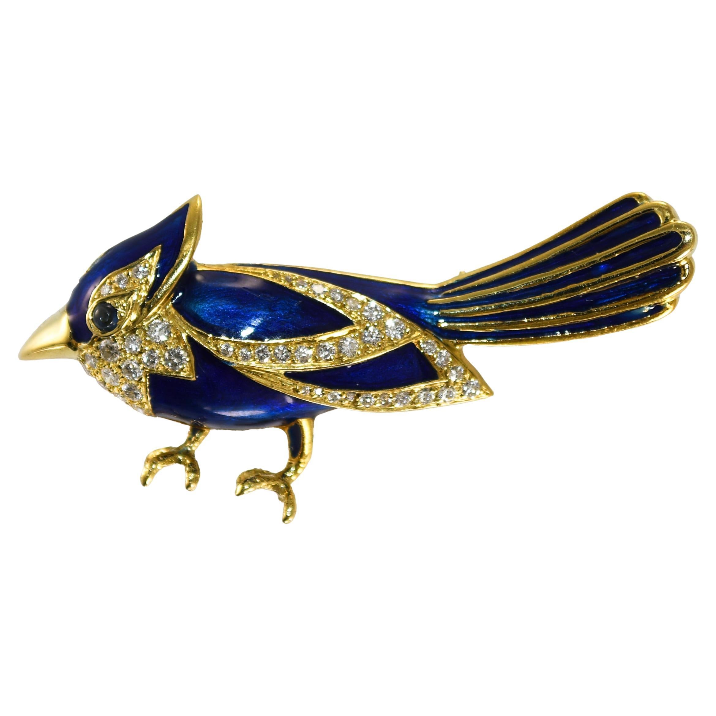 18K Yellow Gold Vintage Enamel & Diamond Bluebird Brooch