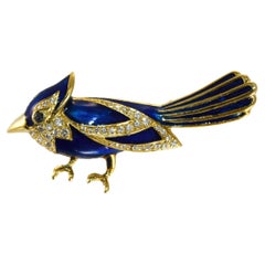 18K Yellow Gold Vintage Enamel & Diamond Bluebird Brooch