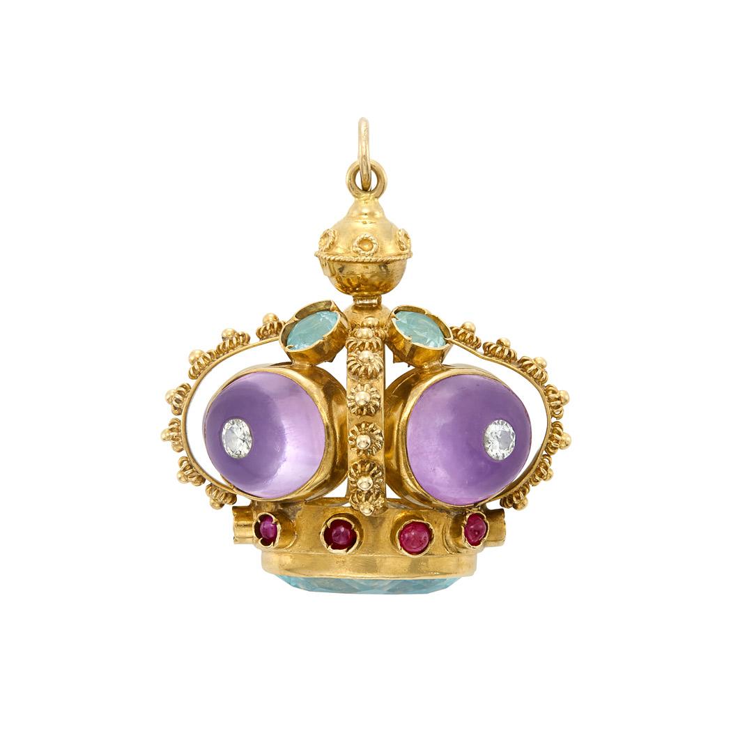 Modern 18k Yellow Gold Vintage Gem-Set Crown Pendant Amethyst Cabochon For Sale