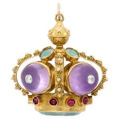 18k Yellow Gold Vintage Gem-Set Crown Pendant Amethyst Cabochon
