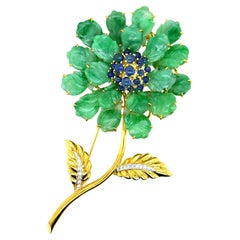 *ON SALE NOW: 40% OFF!* 18k Yellow Gold Vintage Jade and Sapphire Flower Brooch