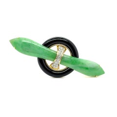 18k Yellow Gold Vintage Jade Diamond Cts 0.57 Pin