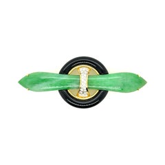 18k Yellow Gold Vintage Jade Diamond Cts 0.57 Pin