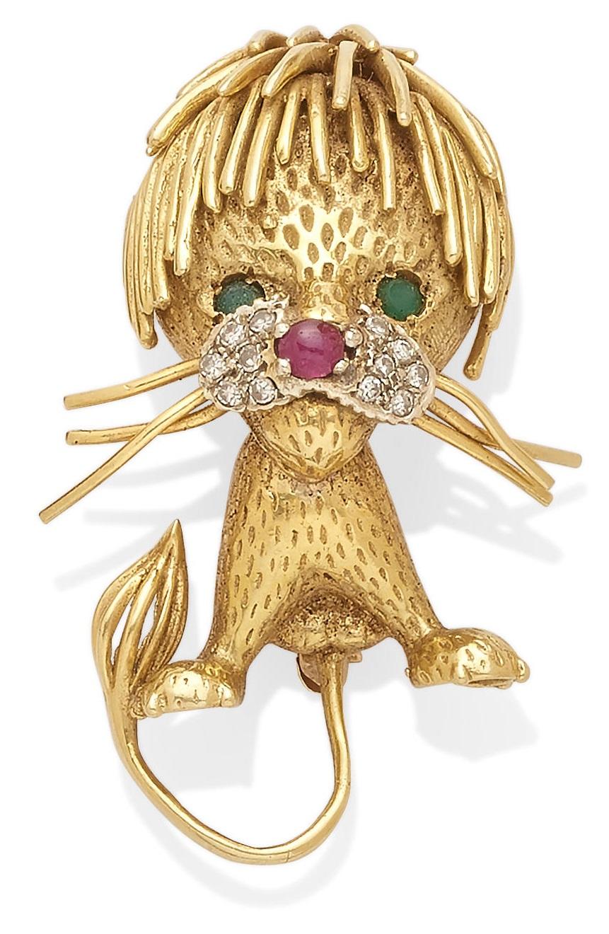 Gorgeous Texutred Yellow Gold Lion with White Gold Accents
Features Melee Diamonds, Ruby Cabochon Nose, and Emerald Eyes
Appx 1 1/8