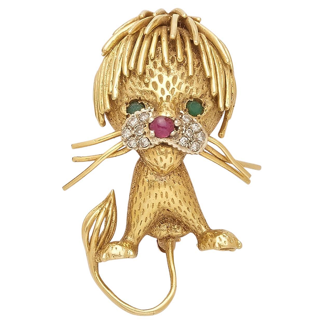 18k Yellow Gold Vintage Lion Brooch with Emerald, Ruby, and Diamond