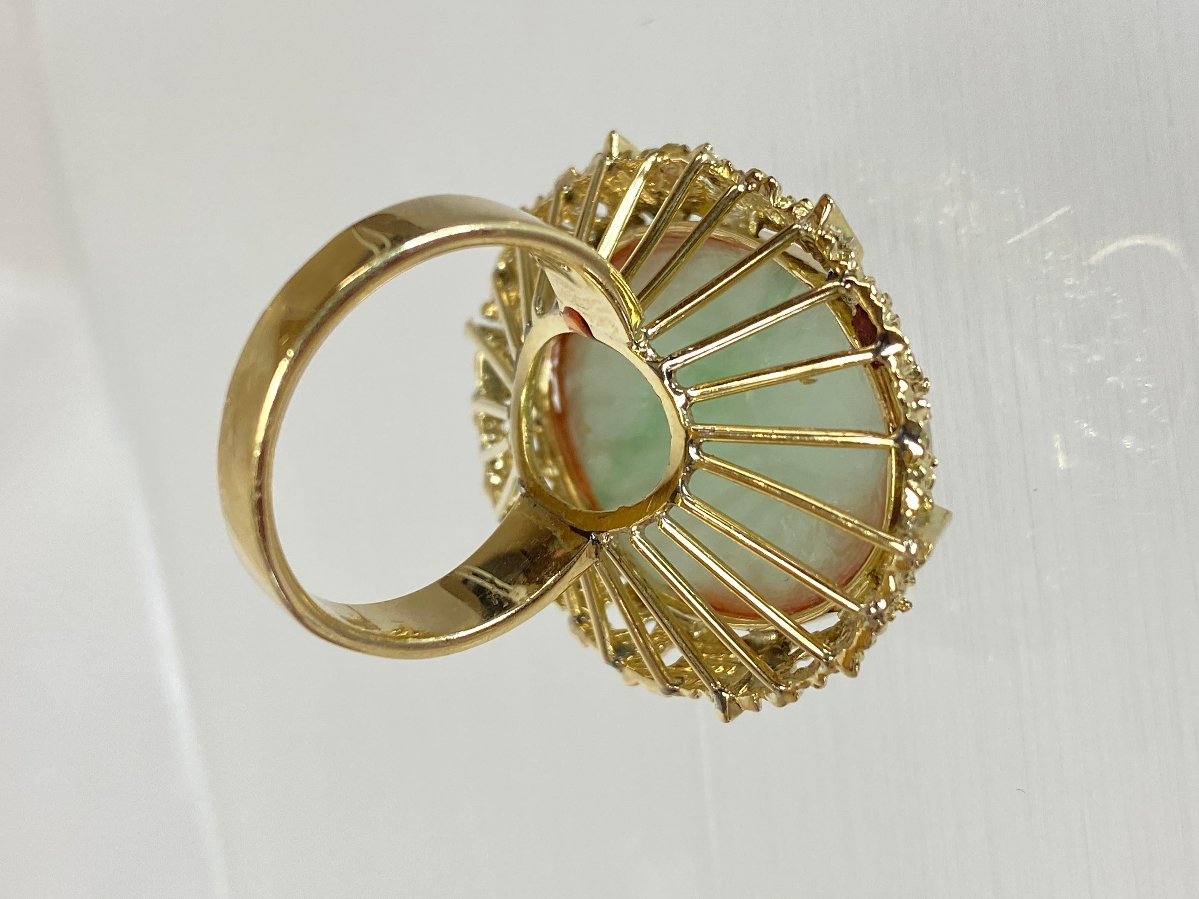 18K Yellow Gold Vintage Mid-Century 1960 Grand Jade Filigree Size 7 Ring 14.5g For Sale 4