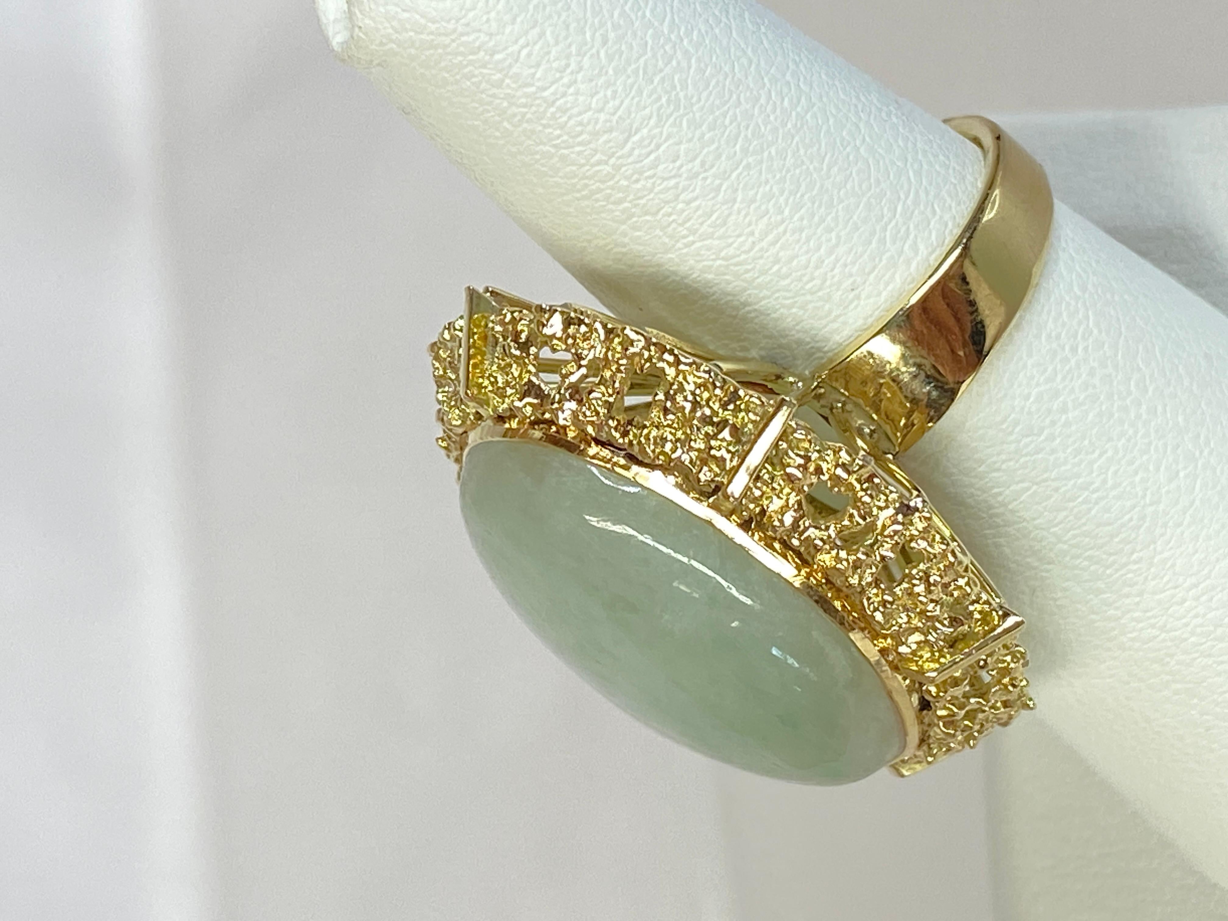 18K Yellow Gold Vintage Mid-Century 1960 Grand Jade Filigree Size 7 Ring 14.5g For Sale 5
