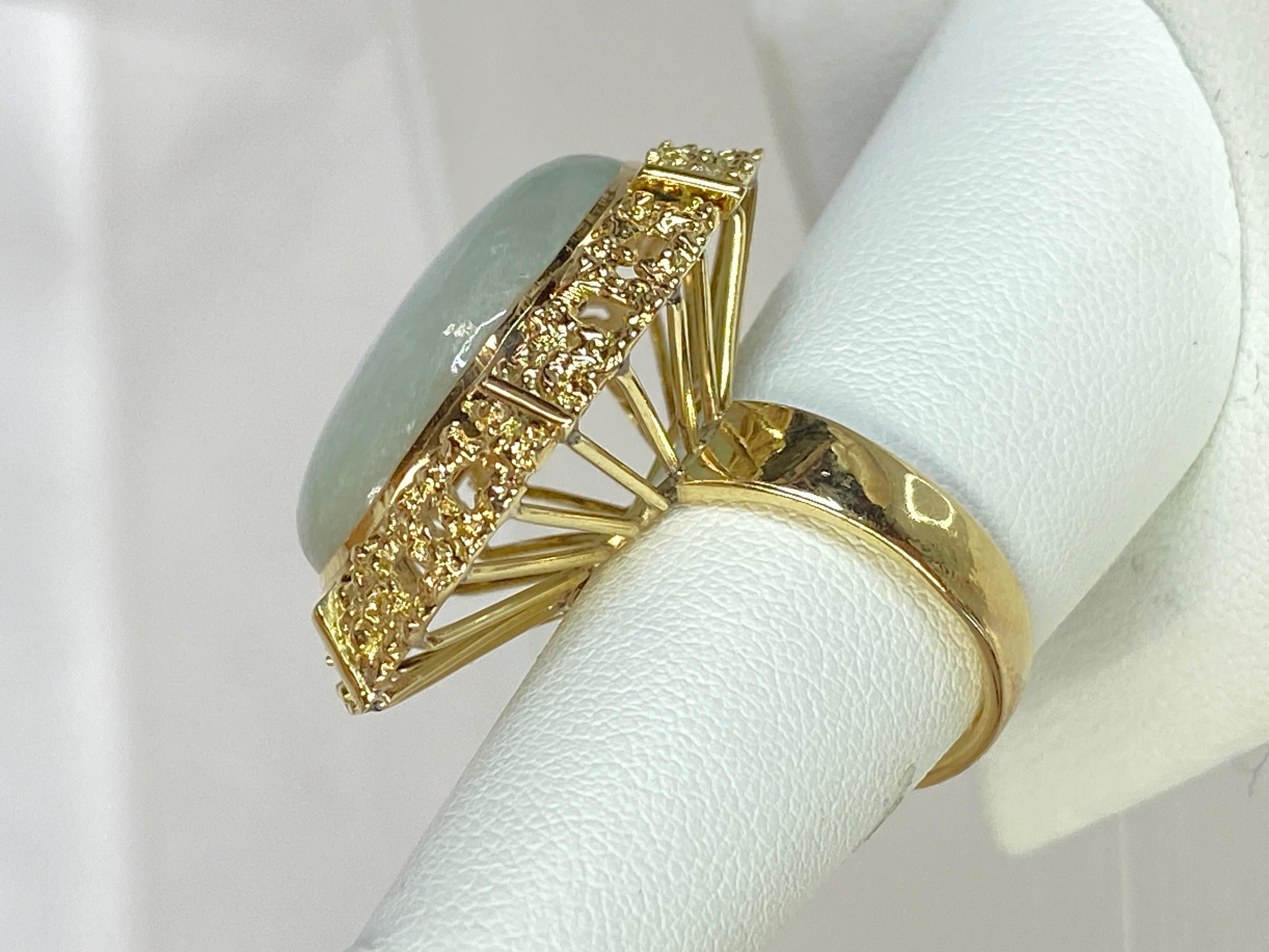 18K Yellow Gold Vintage Mid-Century 1960 Grand Jade Filigree Size 7 Ring 14.5g For Sale 6