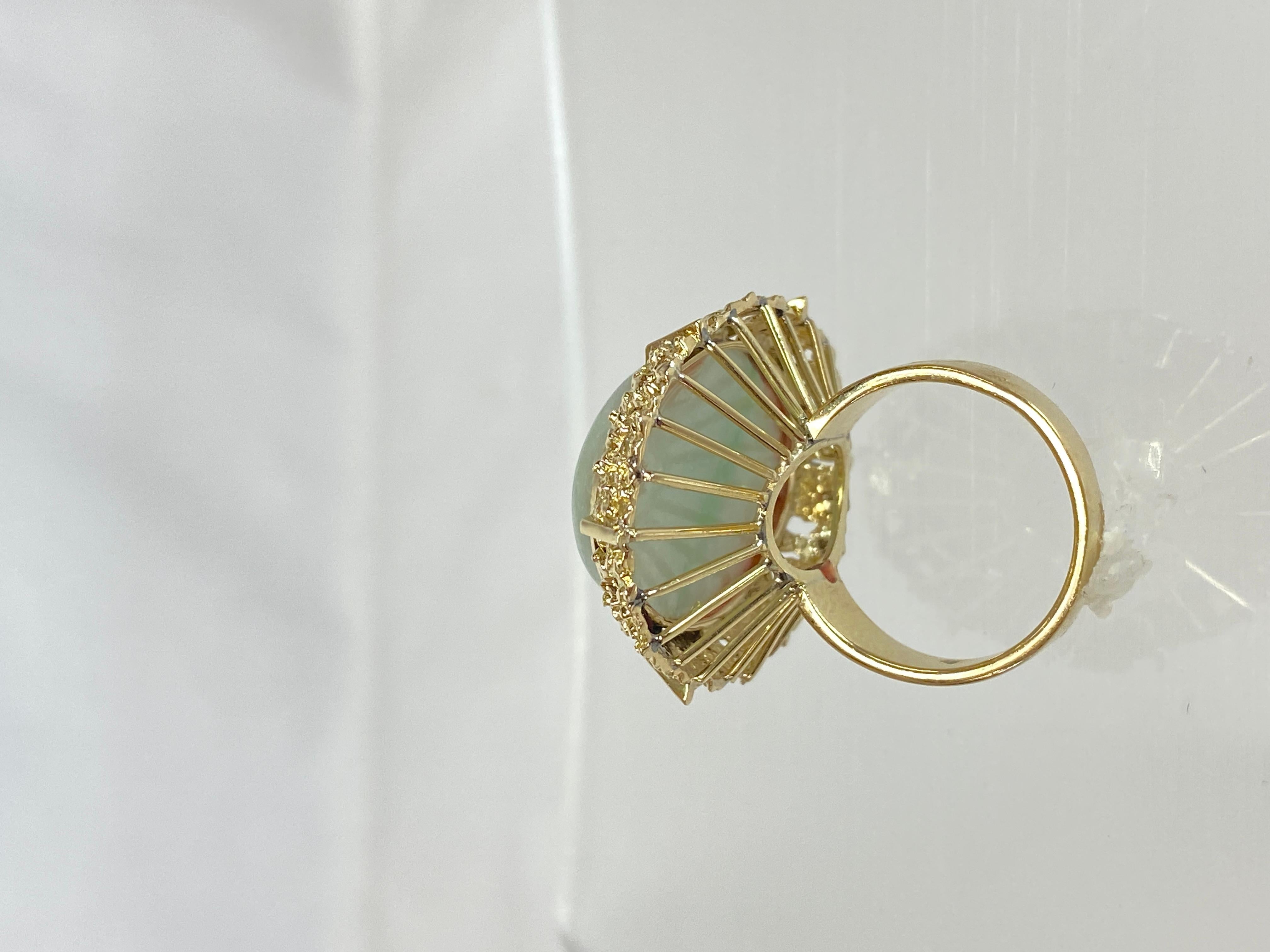 18K Yellow Gold Vintage Mid-Century 1960 Grand Jade Filigree Size 7 Ring 14.5g For Sale 2