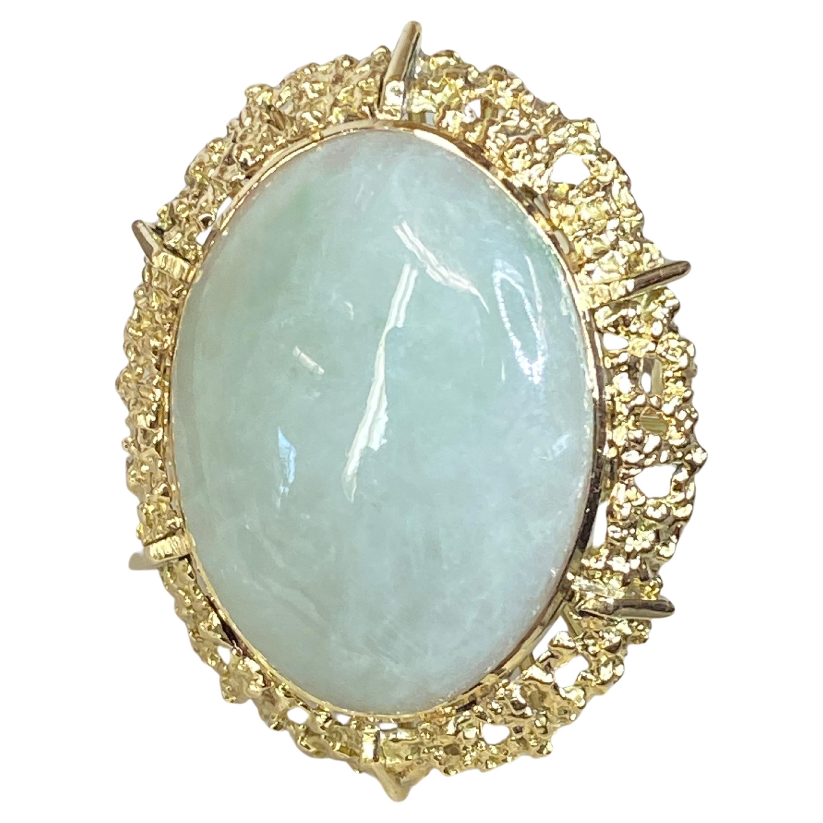 18K Yellow Gold Vintage Mid-Century 1960 Grand Jade Filigree Size 7 Ring 14.5g For Sale