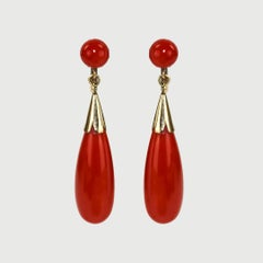 18K Yellow Gold Vintage Red Coral Dangle Earrings 5.3g