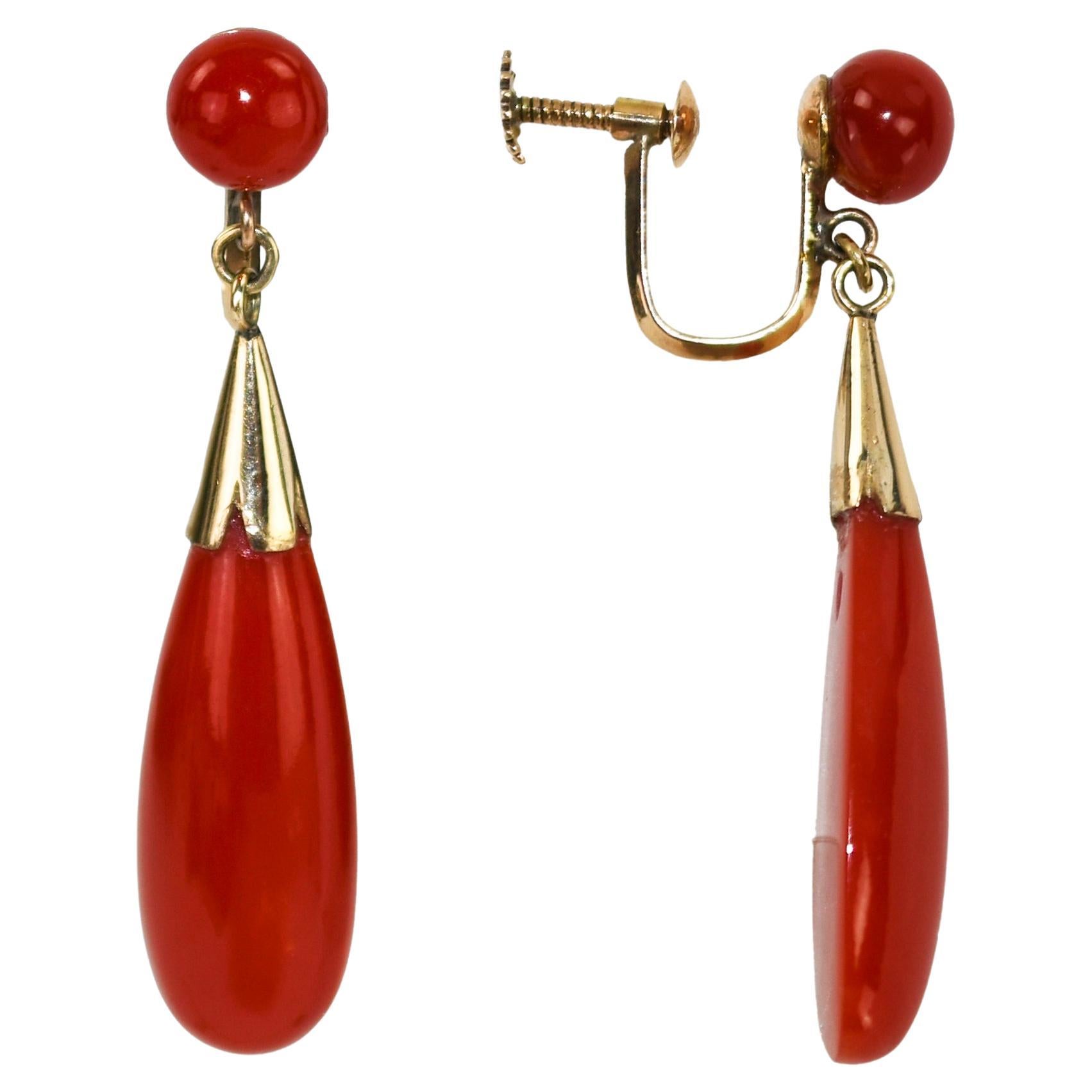 18K Yellow Gold Vintage Red Coral Dangle Earrings 5.3g